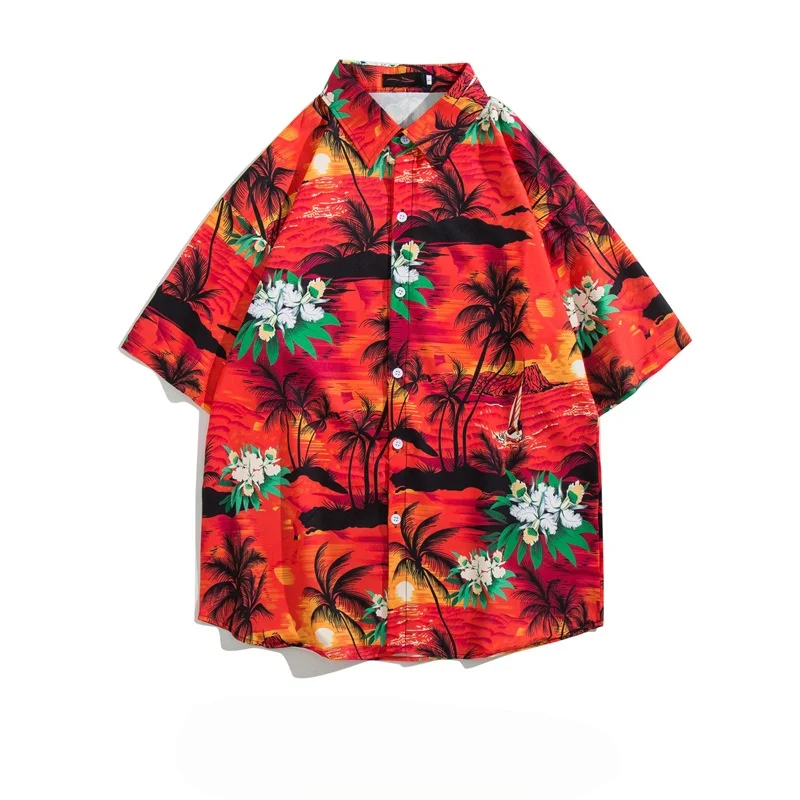 Summer Men's Retro Hawaiian Seaside Beach Printed Short Sleeve Shirt High Street Loose Casual Handsome Half Sleeve Flower Shirt