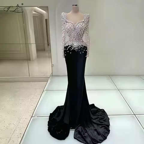 Rhinestone Evening Dress With Pearl Embellished Lace and Velvet Skirt Elegant Party Dresses Floor Length Formal Dress