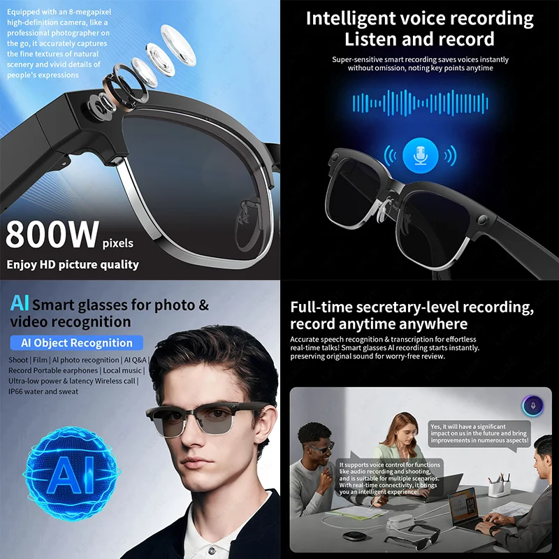 Okulary inteligentne LIGE New AI 800W z kamerą, nagrywanie wideo 1080P, połączenia Bluetooth, okulary przeciwsłoneczne, sterowanie głosowe, tłumaczenie, soczewki zmieniające kolor