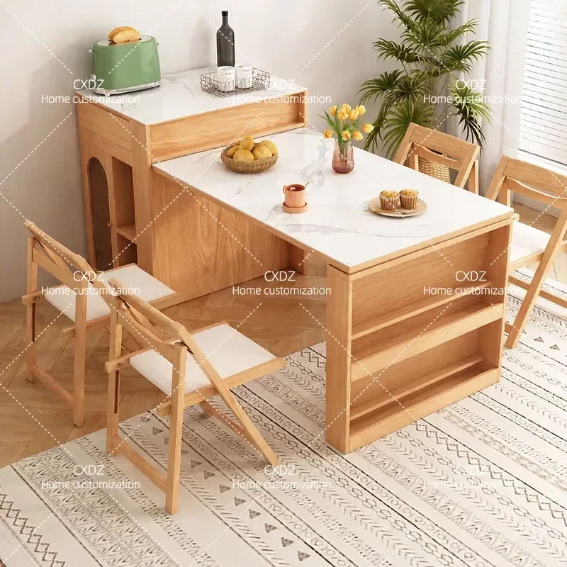 Japanese Style Rock Slab Island Dining Table with Integrated Retractable Storage Cabinet for Small Apartment Kitchen Bar and