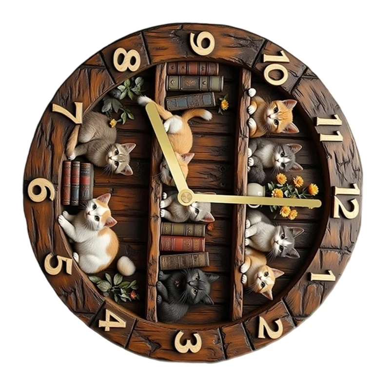   Quiet Non Ticking Cats Decor Wall Clock Bookshelf Cats Sculpture Wall Clock Gift