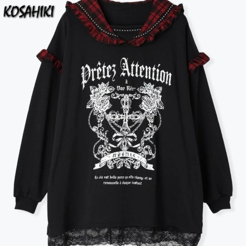 Japanese Letter Printing Hoodies Women Autumn Preppy Style Sailor Collar Hoody Y2k Aesthetic Kawaii Plaid Patchwork Sweatshirt