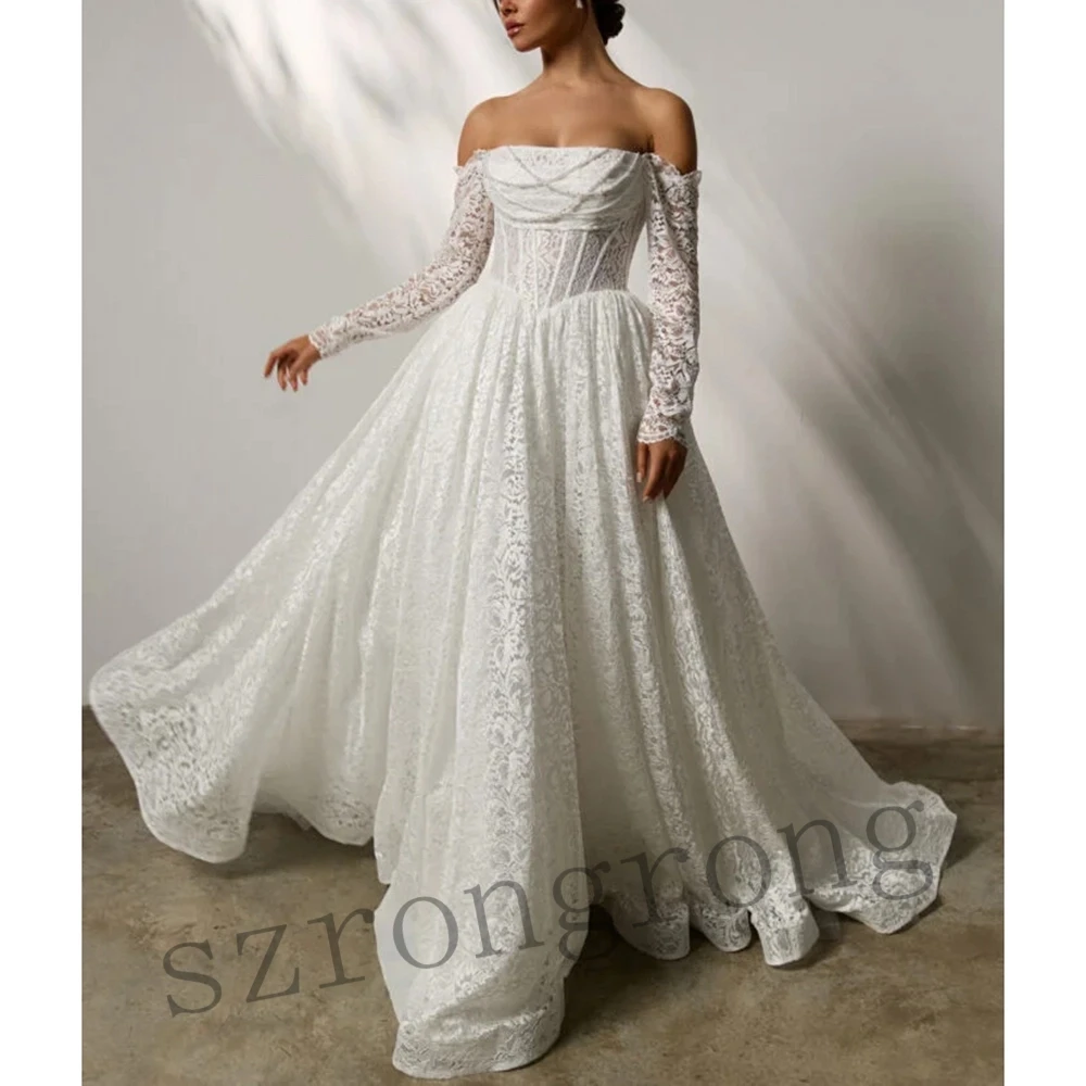 

Elegant Boat Collar Lace Long Sleeve Wedding Dress A-line Lace up Back Floor Length Pearls Bridesmaid Gown свадебное платье