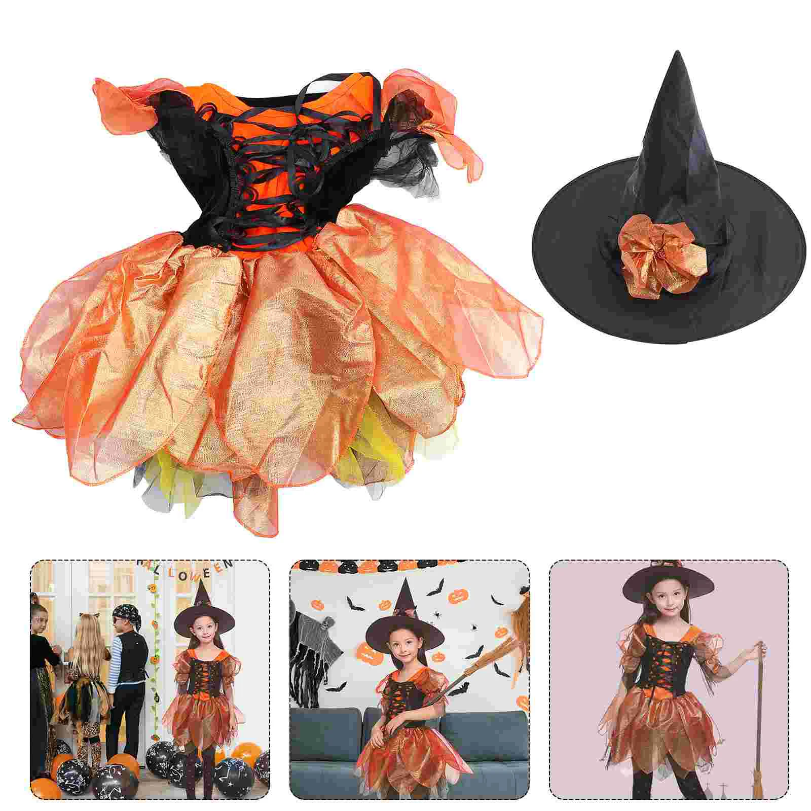 

Girls Dress Witch Costume for with Hat Kids Outfit Halloween and up Party Polyester Supplies Cosplay