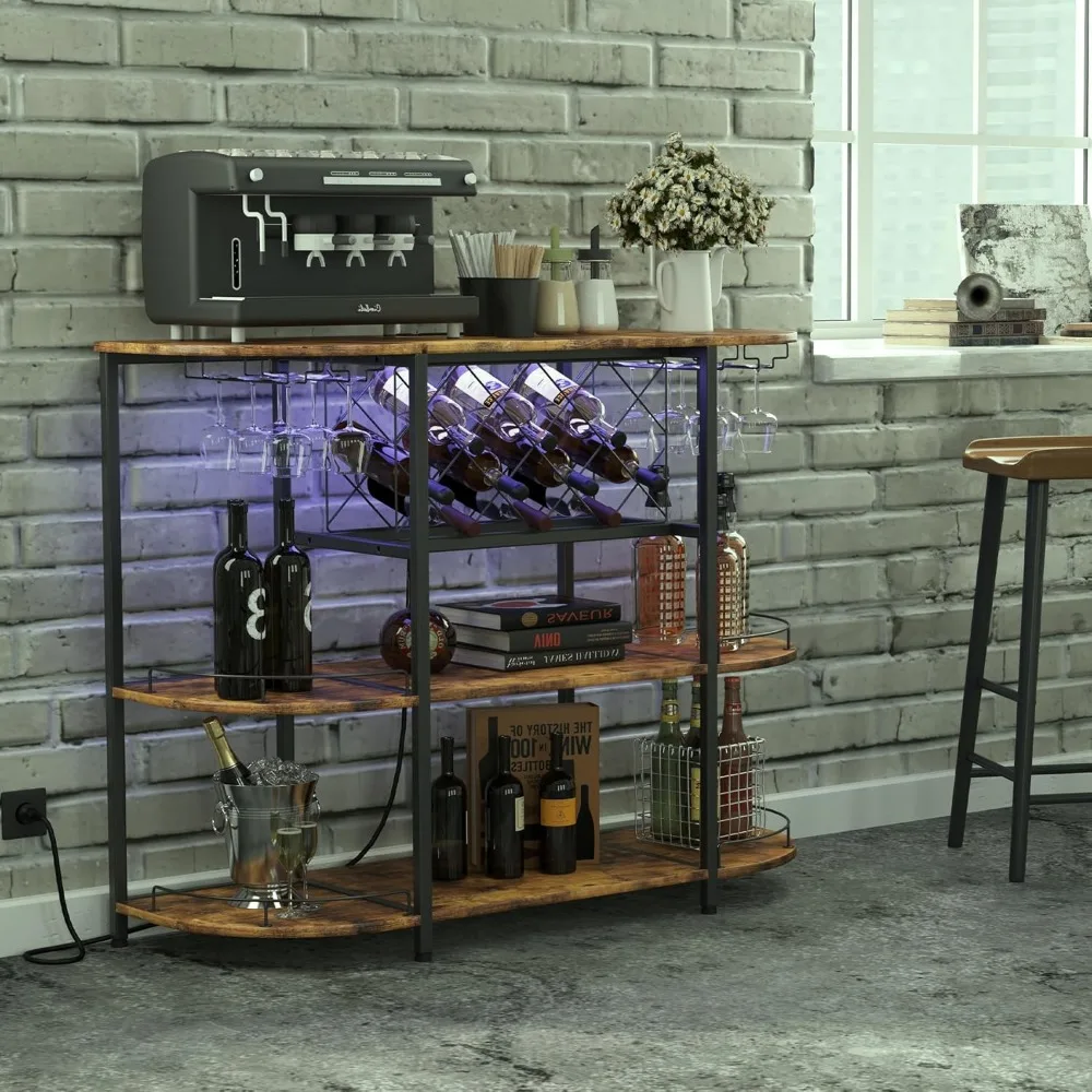 Armário de vinho com tomada e luz LED, 3 Tiers Coffee Bar Table, Cremalheira do vinho, Liqour Bar, Grande armazenamento