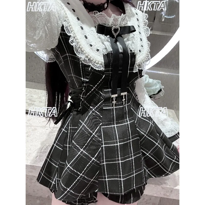 日本製大量生産スクエアネック長袖レースエッジボウラインストーン黒格子柄ドレスレースショーツロリータセット女性用
