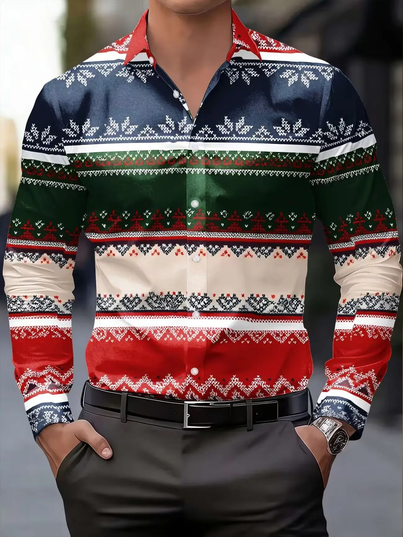 New men's shirt with Nordic style Christmas stripe, geometric snowflake jacquard print, slim fit long sleeved shirt