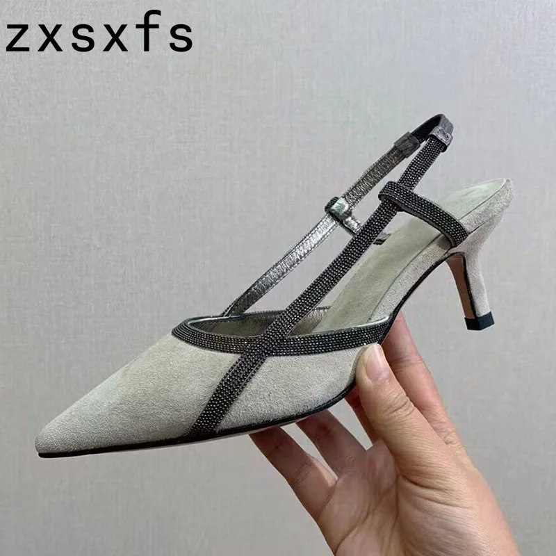 

Summer Suede Leather Mid Heels Women Sandals Point Toe Party Shoes For Women Designer Brand Sandalias Mujer Women Pumps