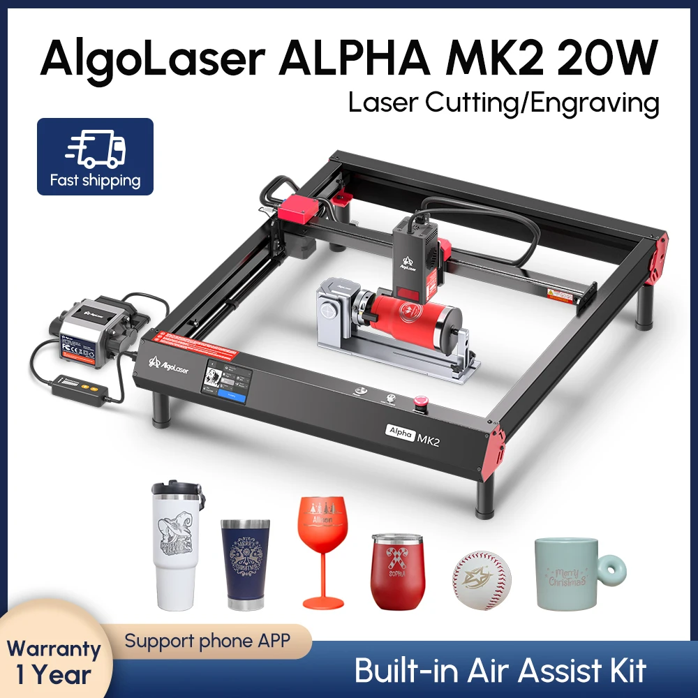 AlgoLaser Alpha MK2 Laser Engraver  4-in-1 Rotary Roller Kit with 30L Laser Air Assist 3.5