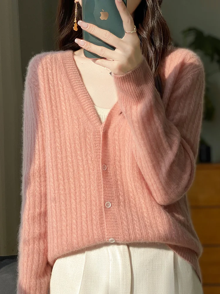 Spring and Autumn 100% Merino wool women\'s V-neck solid color twisted long-sleeved knitted sweater loose knit cardigan coat