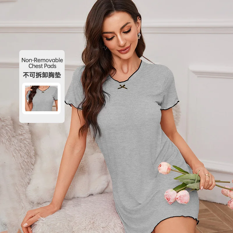 Chest Pad V-neck Nightdress Women's Summer Medium Long Dress Short-sleeved Solid Color Skirt Outside Nightgown Sleep Dress