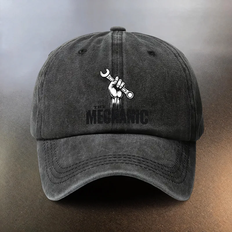 **Mechanic** Printed Washed Cap, Casual Outing Sunshade Baseball Hat, Fashionable Couple Essential Hat, Vintage Style, Versatile