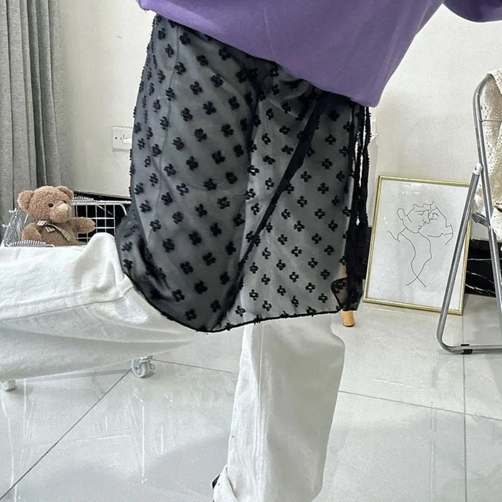 

High Waist Lace Midi Skirt Irregular Side Slit See Through Lace Drawstring Skirt Embroidered Flower Y2K Streetwear