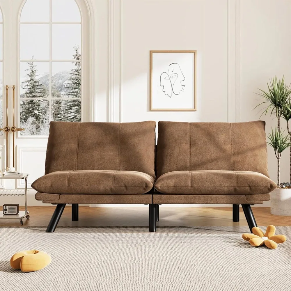 

67” Leather Futon Sofa Bed Convertible Small Upholstered Couch 2-Seat Loveseat Sleeper with Adjustable Backrest and Armrest