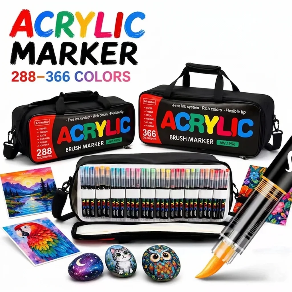 288-366色アクリルペイントマーカーセット、プロ仕様のブラシチップアクリルマーカー、キャリングバッグ付き、無毒水性塗料