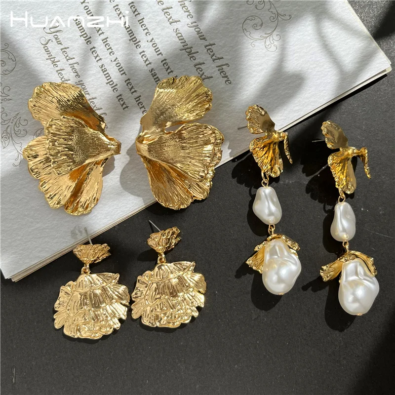 HUANZHI Long Pearl Tassel Gold Color Ginkgo Leaf Earrings for Women Chunky Exaggerate Luxury Metal Flower Retro Jewelry Gifts