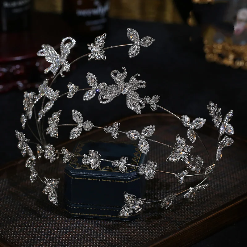 فاخر متعدد الطبقات فلاش الراين فستان الزفاف الزفاف تاج الشعر الراقية الشعر هوب فراشة زهرة الزفاف أغطية الرأس الوصول