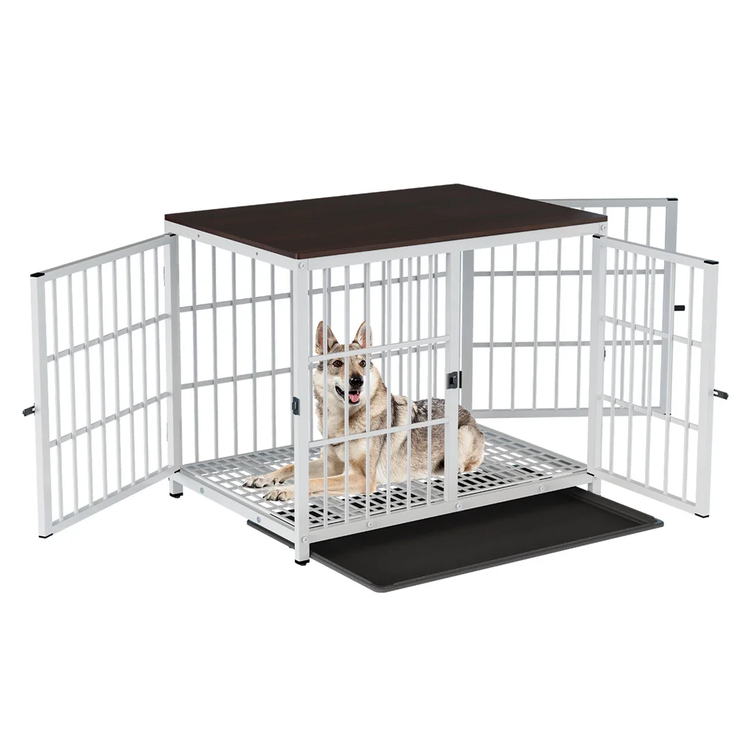 Meubelstijl Hondenkrat Wit Huisdier Kennel Zwarte Kooi Eindtafel Met Drie Deuren En Afneembaar Dienblad, Voor Kleine Middelgrote Grote Honden