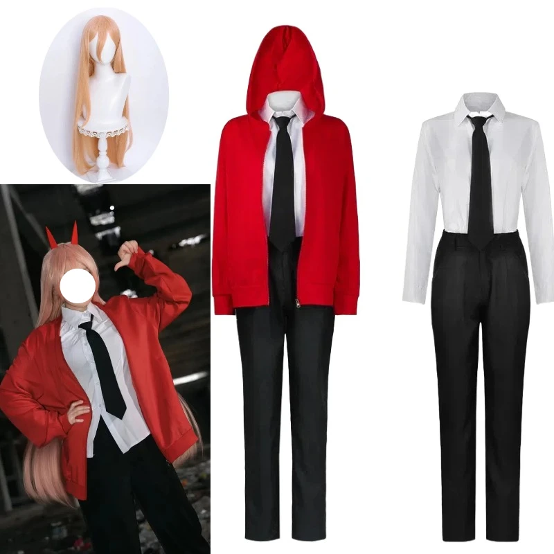 Power Cosplay Anime disfraz de motosierra Demon Cos camisa blanca abrigo rojo con capucha conjunto completo peluca para mujer traje de juego de rol Halloween