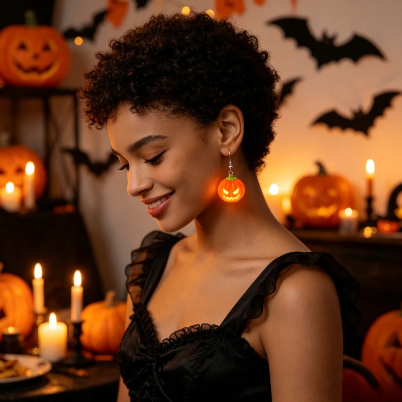 20pcs/ LED Glow Pumpkin Earrings, Flashing Jack O Lantern Drop Earrings with Battery, Spooky Halloween Jewelry for Women Gift