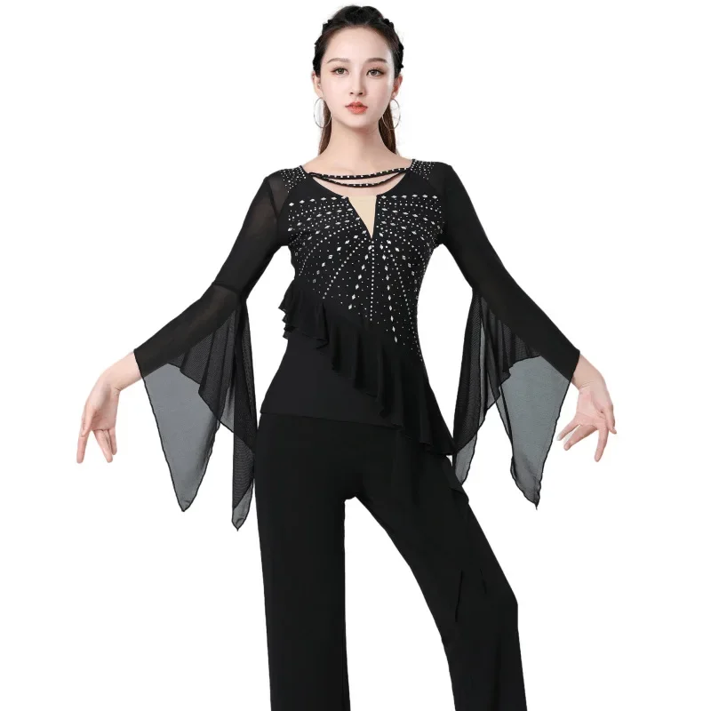 Gitba's new diamond studded V-neck trumpet sleeve dance top square dance Latin dance three step performance costume