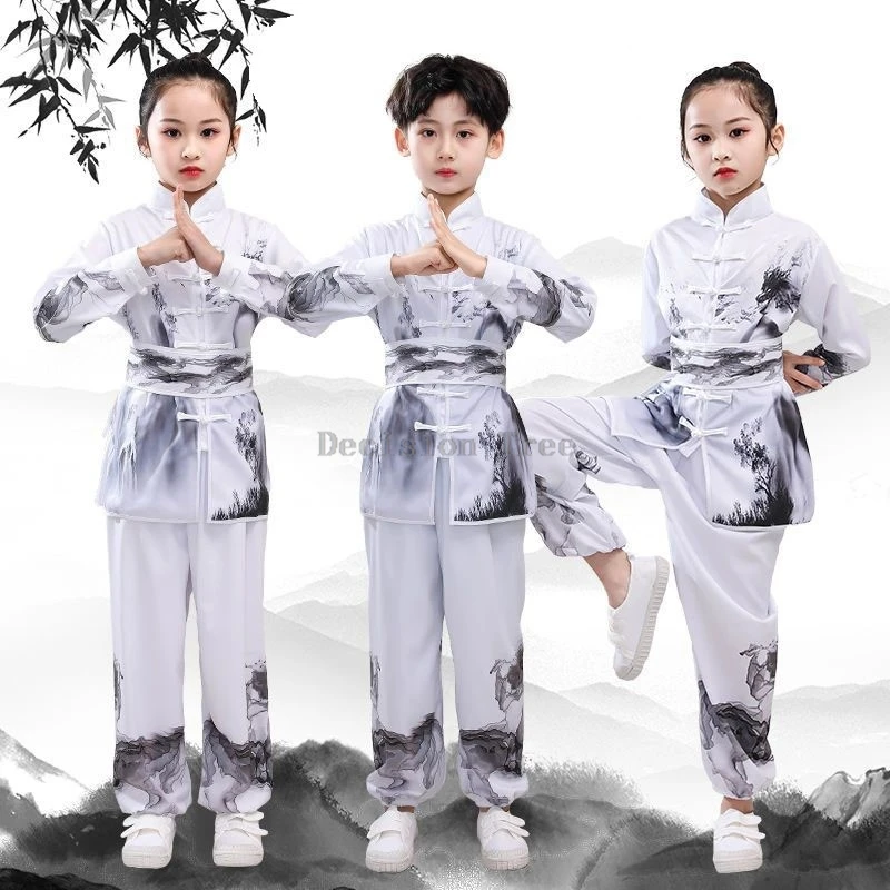 children's printed top pants wushu set kids' breathable short sleeved kung fu uniform girls stage peformance practice uniform