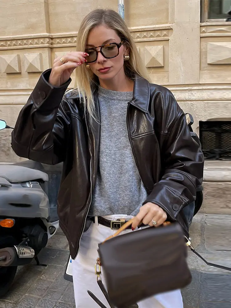 Vintage เสื้อแจ็คเก็ตหนังเสื้อแขนยาว Laple Zipper ผู้หญิงกระเป๋าเสื้อแจ็คเก็ตหญิงฤดูใบไม้ผลิแฟชั่นใหม่ Lady Streetwears