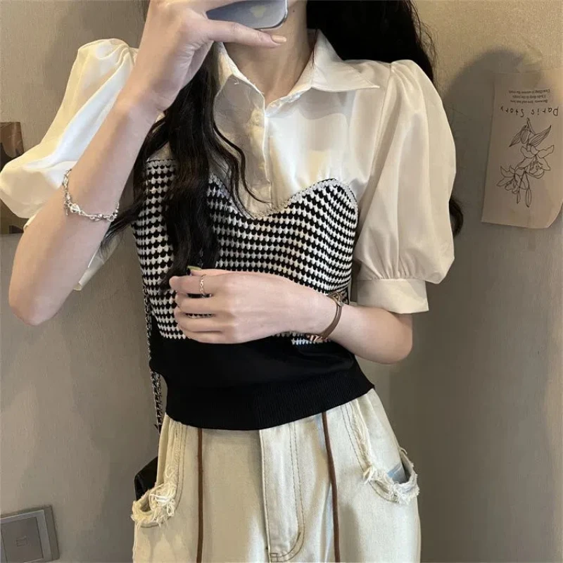 Summer New Youthful Girl Fake Two-piece Outfit Top Color College Sweet Puff Sleeve Shirts Short Tops Korean Trend Women Clothing