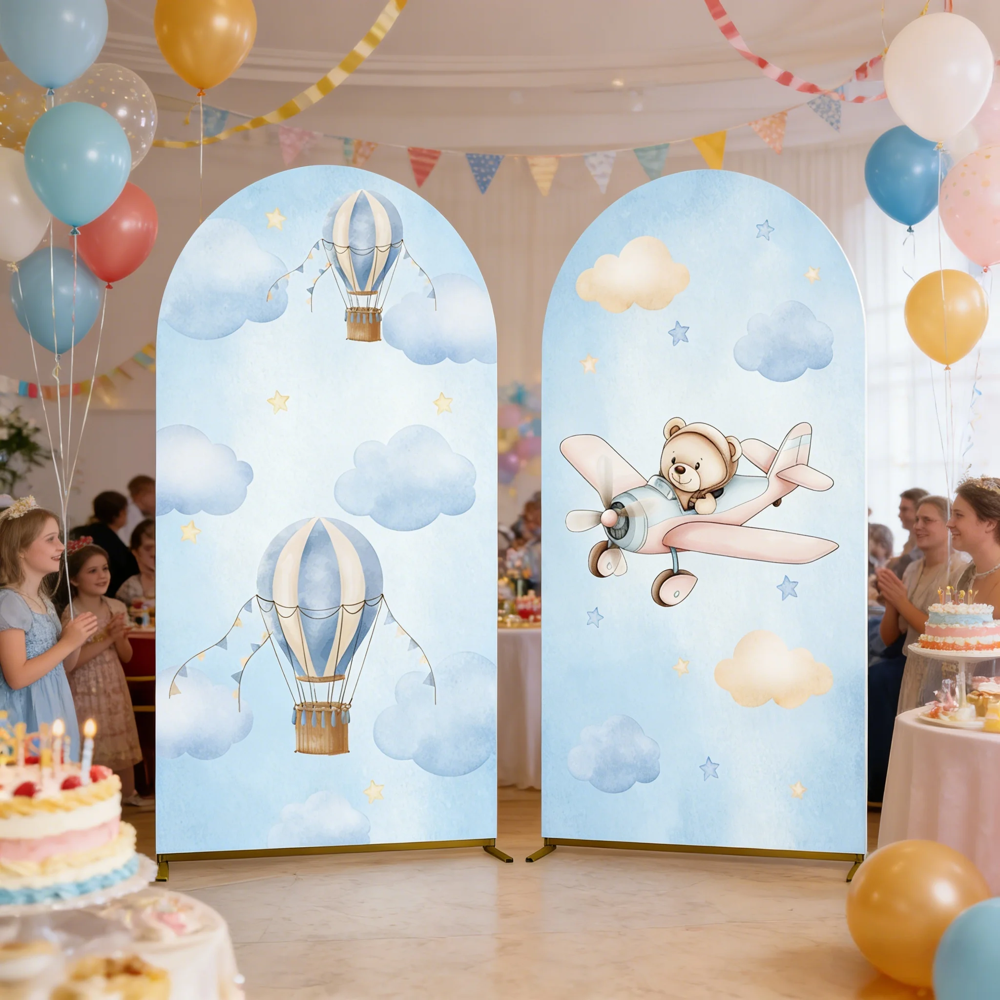 Little Pilot Bear Arch Cover Backdrop Airplane Hot Air Balloon Boys Birthday Party Baby Shower Decor Photography Background