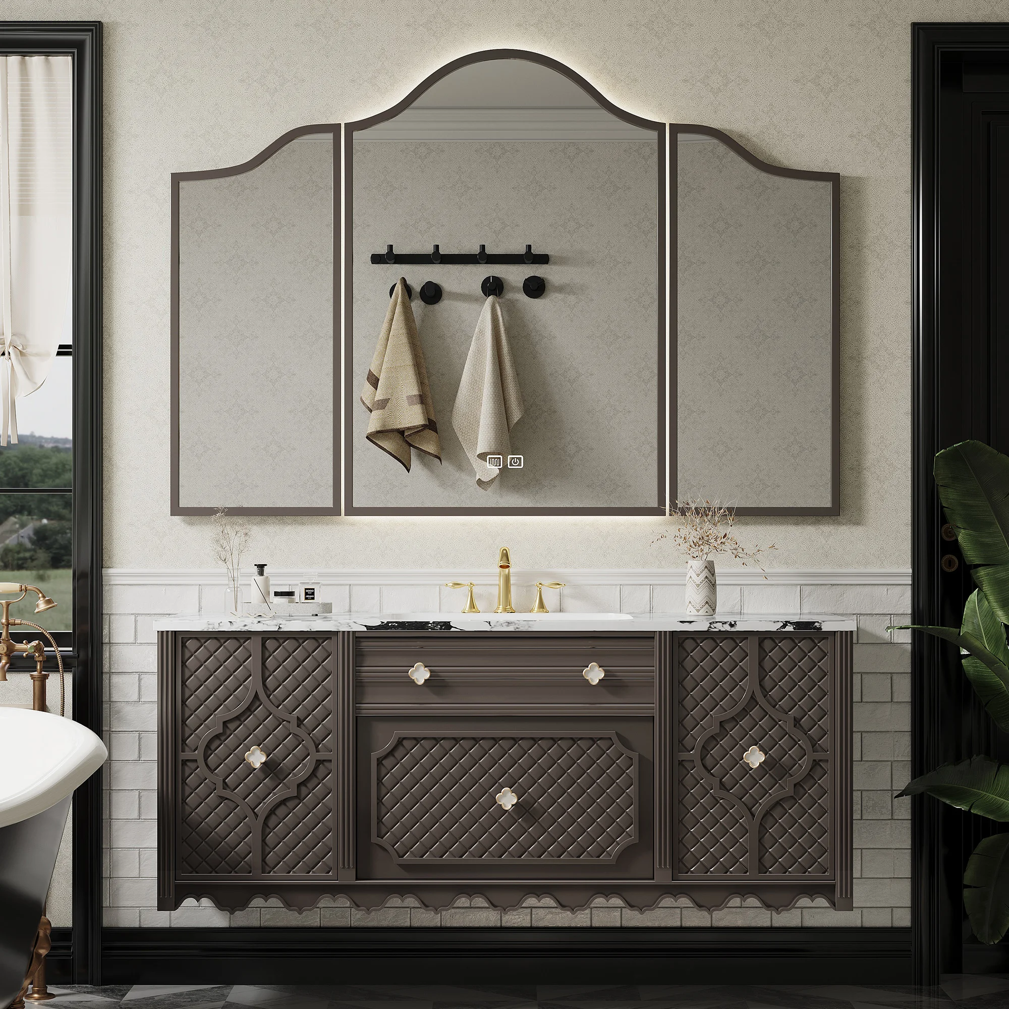 French Style Bathroom Vanity with Single Sink Smart LED Light Defogging Mirror Solid Wood Vanity for Hotel Use