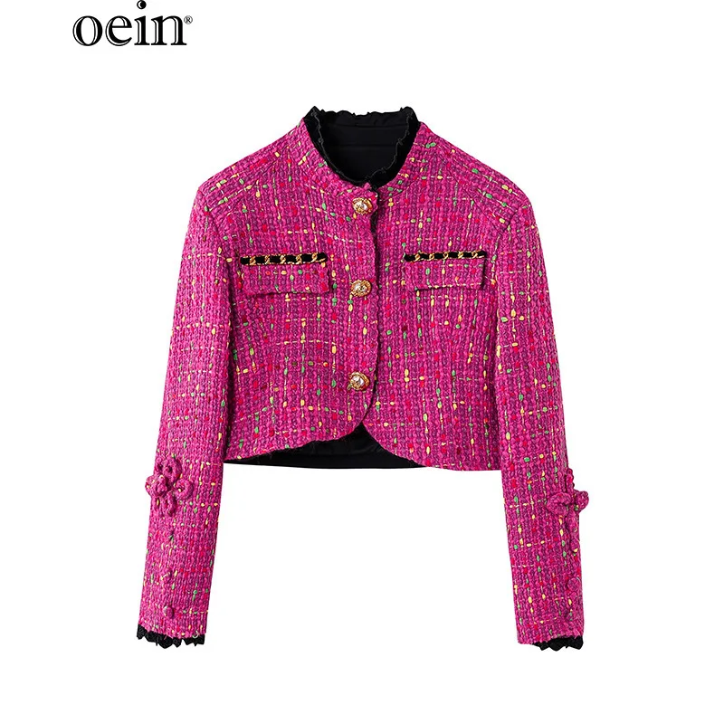 

[oein] 2024 Autumn Women Star New Fashionable Collar Velvet Patchwork Woven Long Sleeved Small Fragrant Style Jacket