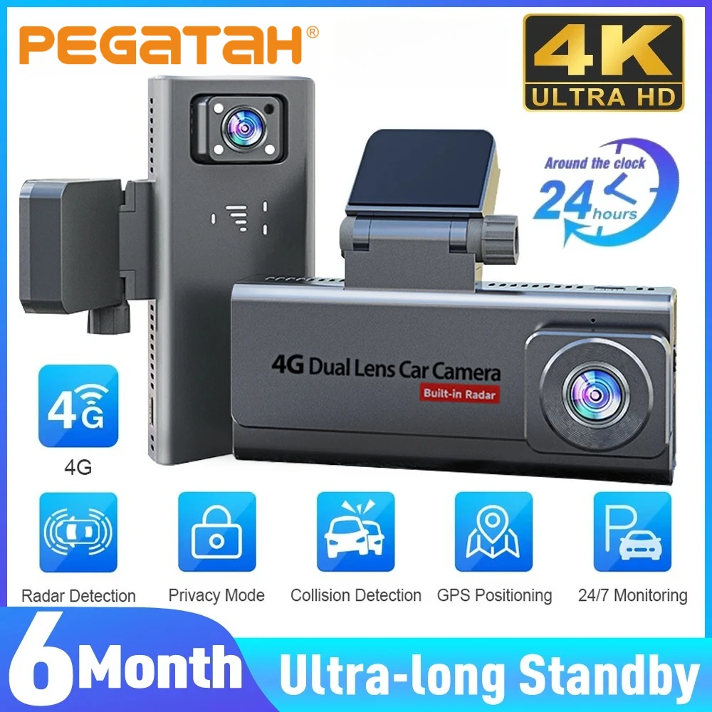 4G SIM Car Security Camera Dual Lens Front and Rear Inside Dash Camera Cars Radar Detection 24/7 Parking Monitoring LTE Dash Cam