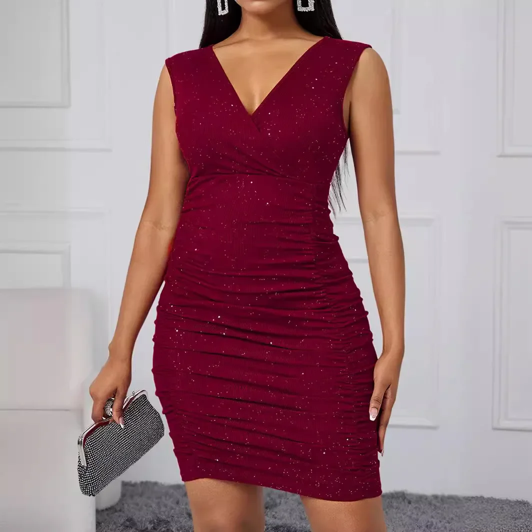 Women Mini Dress Elegant Solid V-neck Sleeveless Slim Sequins Lady Embellished Hip Wrapping Fashion Club Banquet Party Cloth