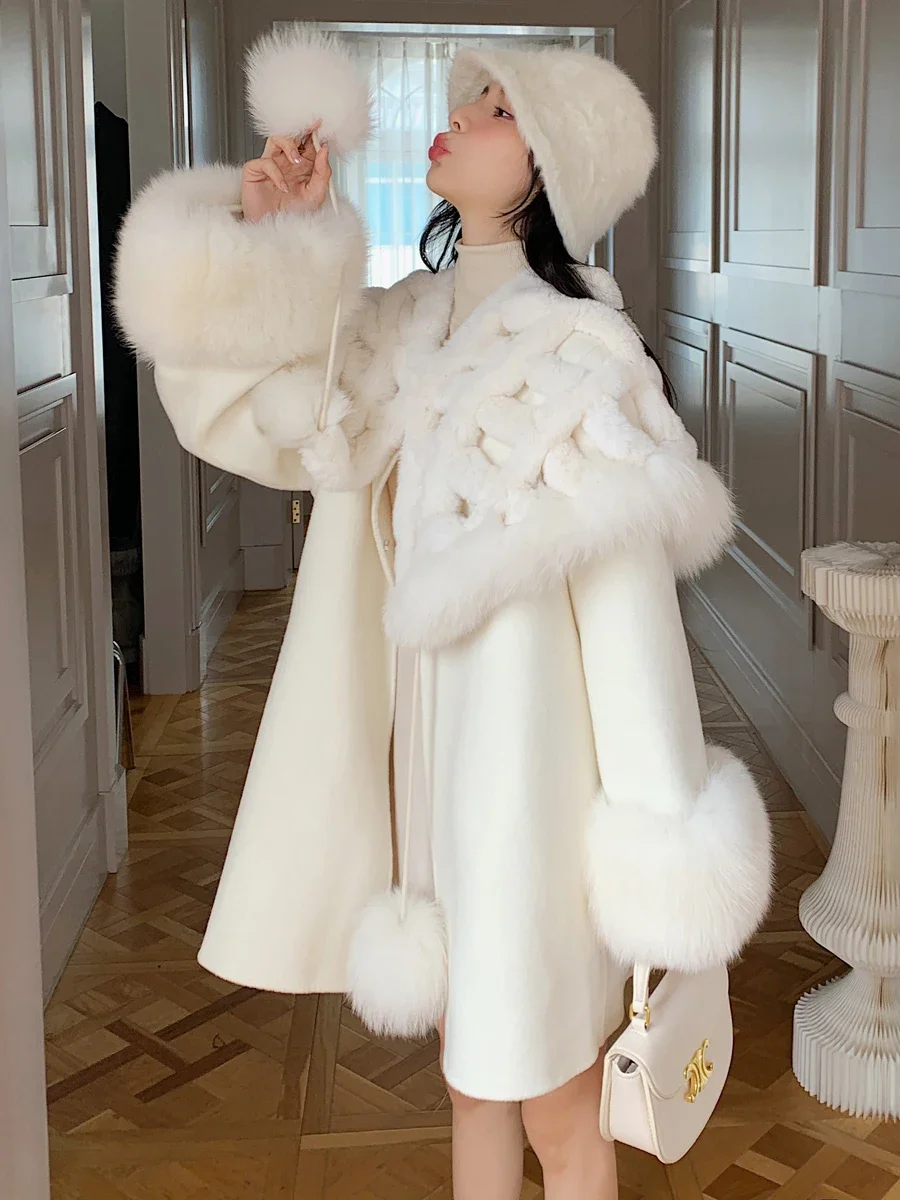 

Fox fur shawl double-sided cashmere coat medium and long cape woolen coat