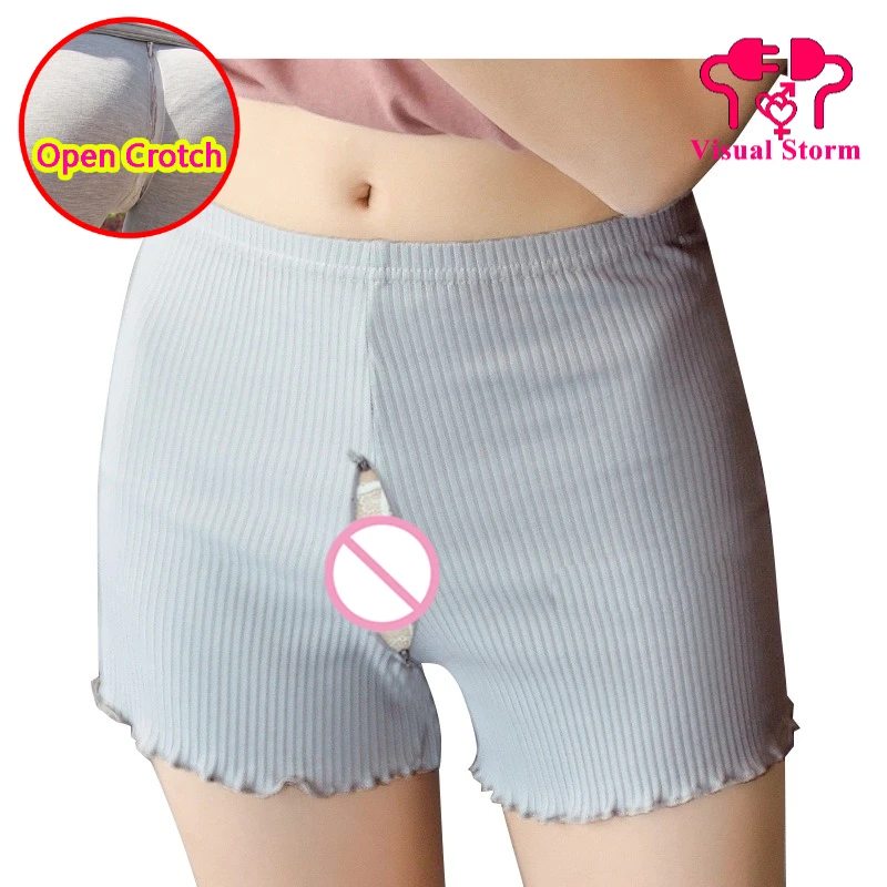 Women Open Crotch Invisible Zipper Shorts Outdoor Play Easy Crotchless Clubwear Loosed Fit Ruffle Decor Sporty Mini Pants
