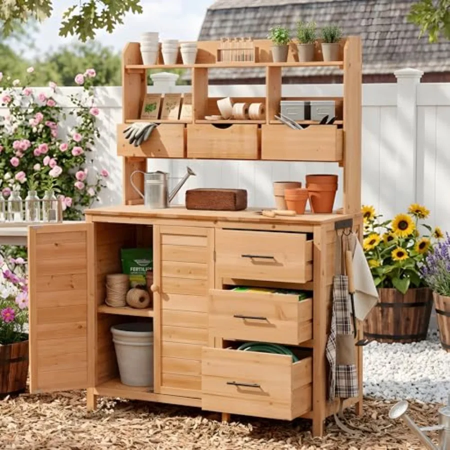 Farmhouse Outdoor Potting Bench Table, Wood Garden Workstation with Storage Drawers, Cabinets, and Side Hooks, Freestanding Gar
