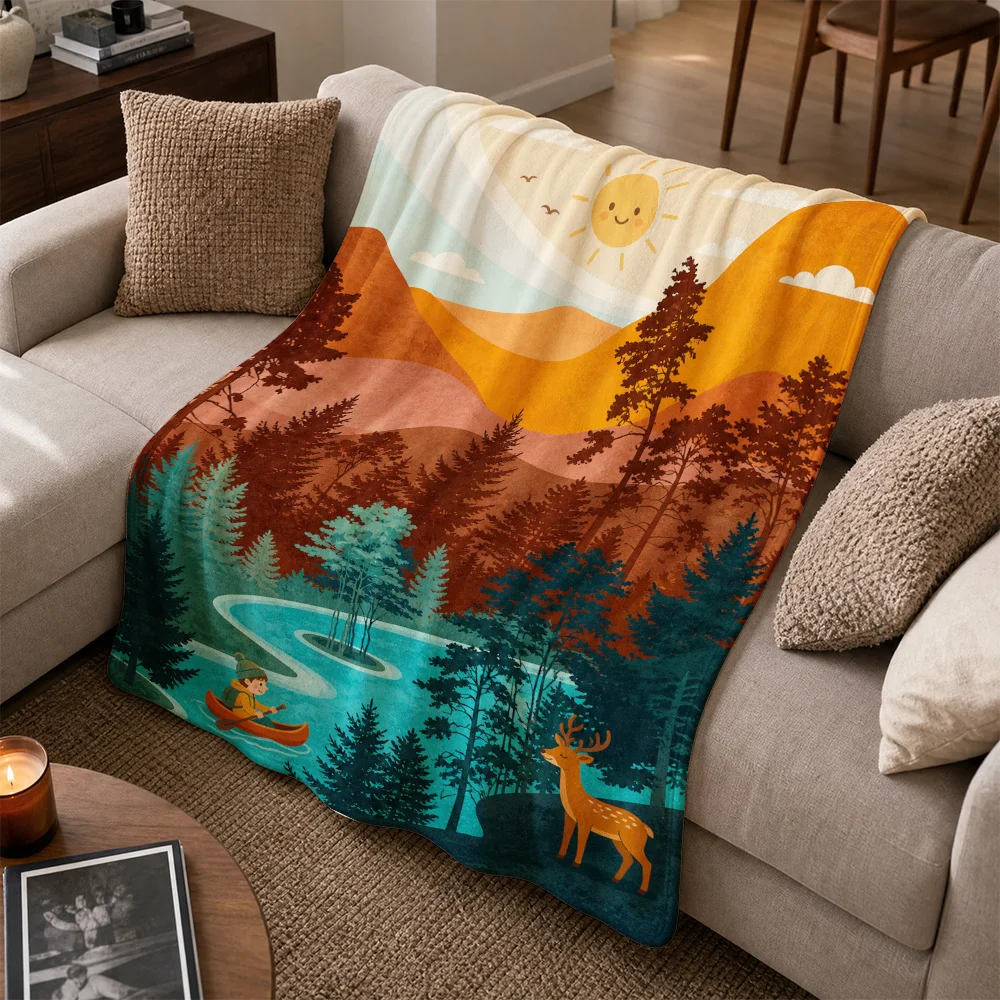 Cozy Nature Woodland Deer Forest Landscape Throw Blanket Boho Sofa Lap Blanket Rustic Autumn Fall Decor Gift for Couch