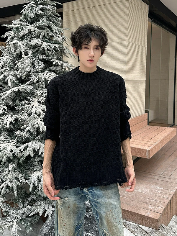 

Мужской вязаный свитер с высоким воротом, утолщенный, с перфорацией, повседневный, с длинным рукавом, теплый, модный топ