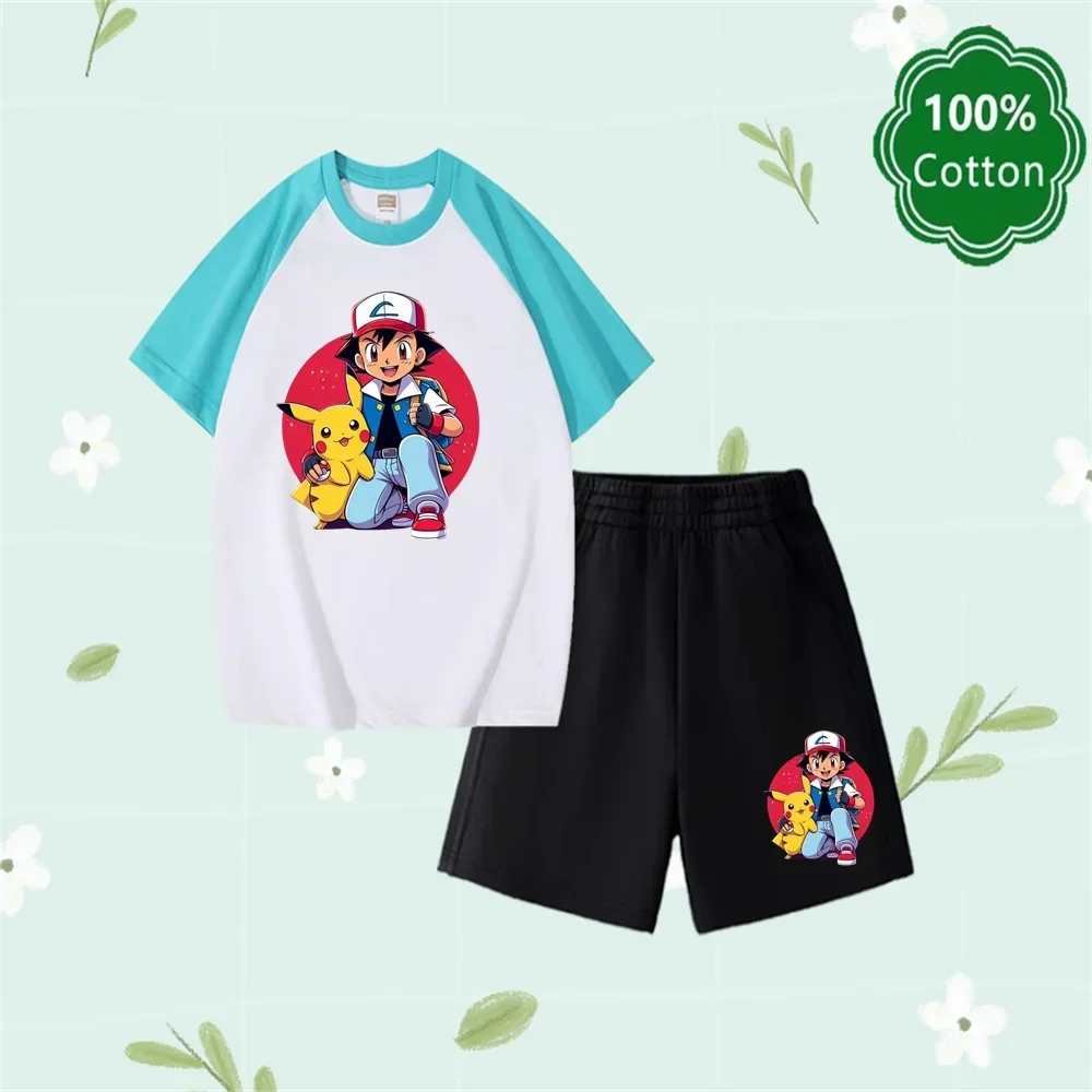 Pokemon Children's T-shirt Set Anime Cartoon Pikachu Charmander Printed Tops Shorts Two-piece Suit Summer Casual Clothes Gifts