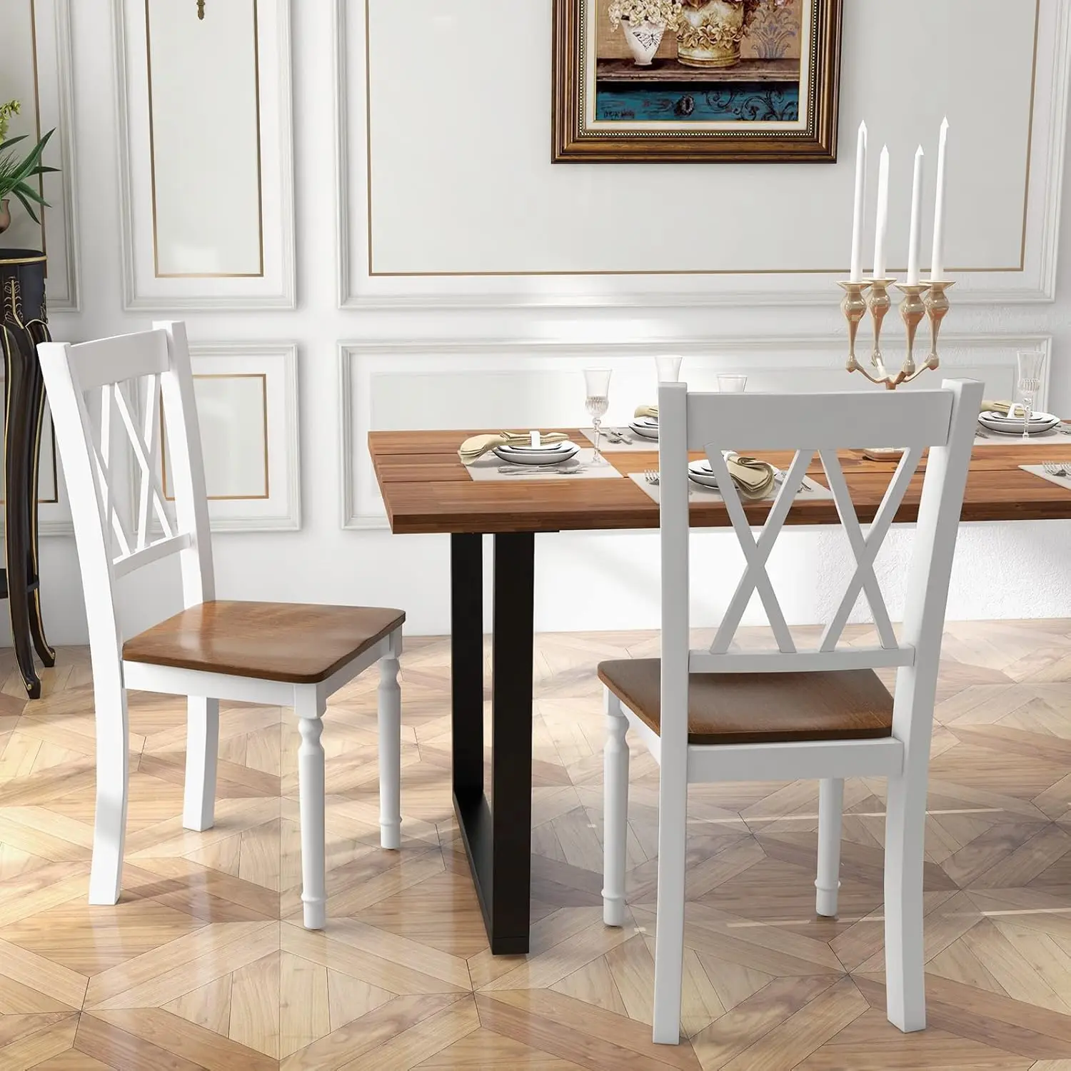 Dining Room Chairs Set of 2 White, Wooden Farmhouse Kitchen Chairs with Rubber Wood Seat, Acacia Wood Legs, Max Load 360