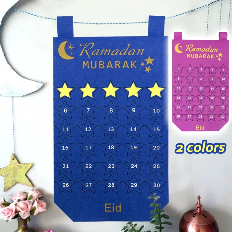 Ramadan-Kalender für Kinder, Eid Mubarak, Countdown-Filzkalender mit 30 wiederverwendbaren Sternen, 30 Tage Filz-Wandkalender, islamisches Geschenk