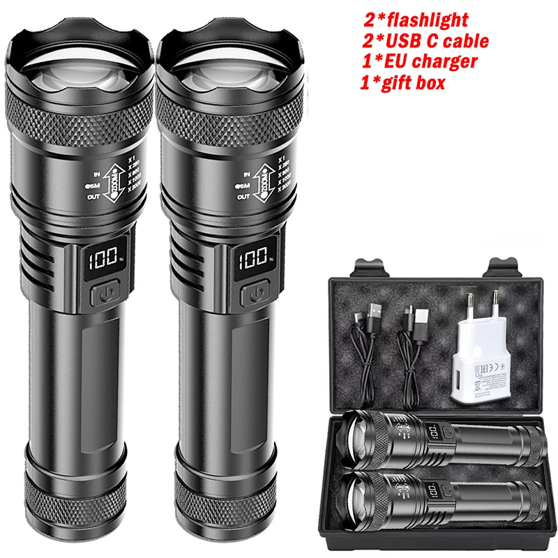 Ultraheldere LED-zaklamp 2000LM Type-C Oplaadbare lange afstand zoom tactische zaklamp Outdoor noodcamping Vissen Lantaarn