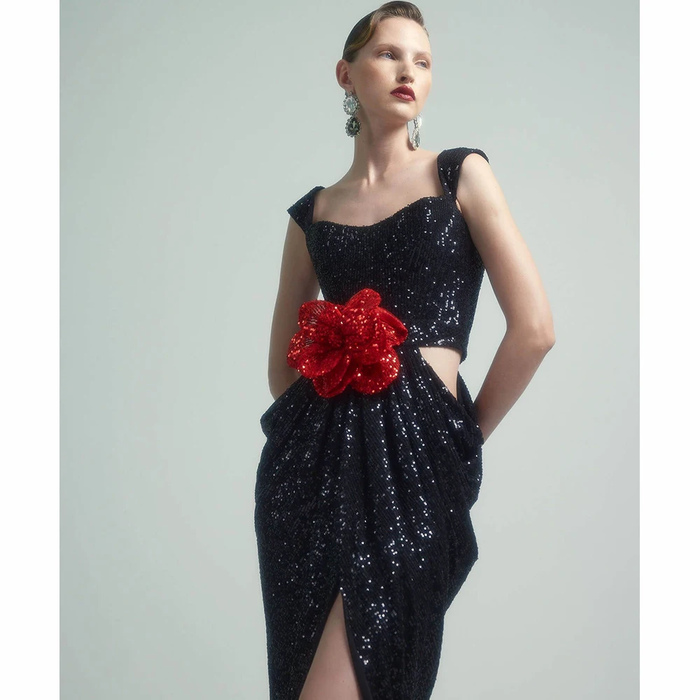 The New Women's Elegant Black Sequin Split Halter Evening Gown Cutout Three-Dimensional Floral Embellished Party Dress