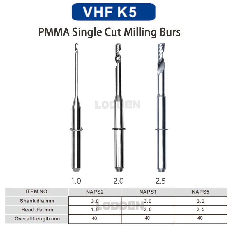 Frezarka dentystyczna do frezarki do VHF K5 PMMA NC jednokrotnej długości całkowitej igły D3 * 40L materiały laboratorium dentystyczne 1.0/2.0/2.5mm