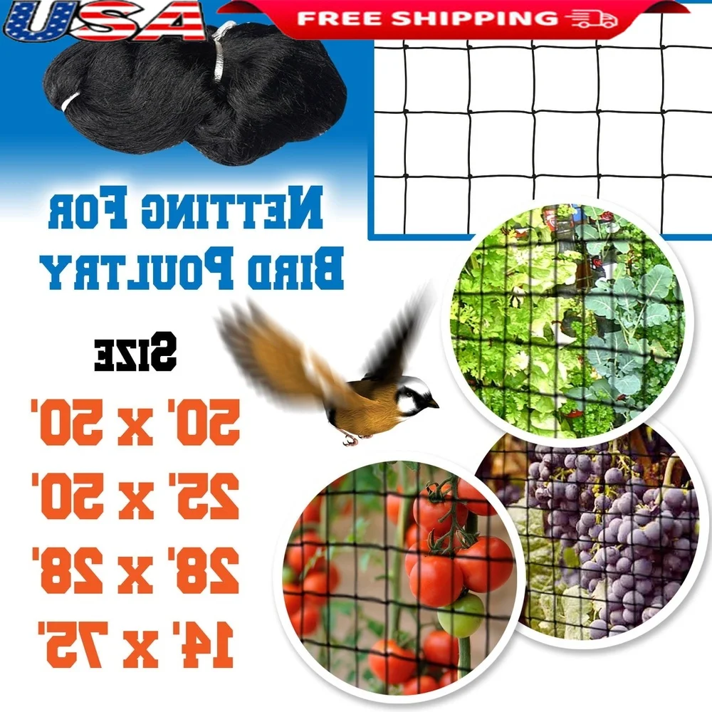 

28x28 Bird Netting Garden Protection Easy Install Secure Mesh Net Fruits Crops Poultry Aviary Black Nylon