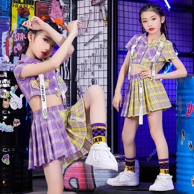 

Kids Hip Hop Crop Top Plaid Street Dance Skirt Girls Ribbon Pleated Skirts Teens Jazz Cool Costumes Child Streetwear Clothes Set