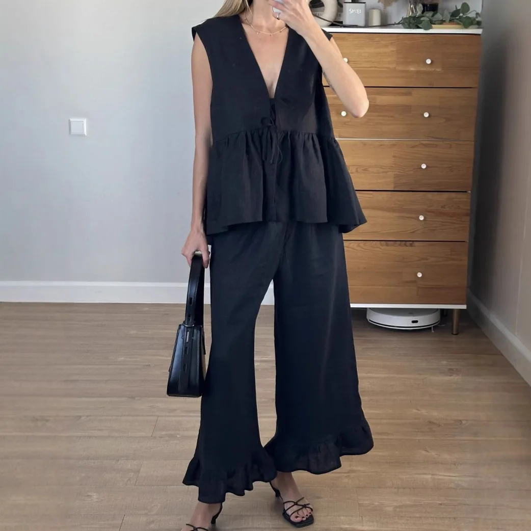 

Loose Y2K Sleeveless V Neck Ruffle Shirt Top Wide Leg Flare Pants Set Trousers Outfits Elegant Cotton Summer Women Two Piece Set