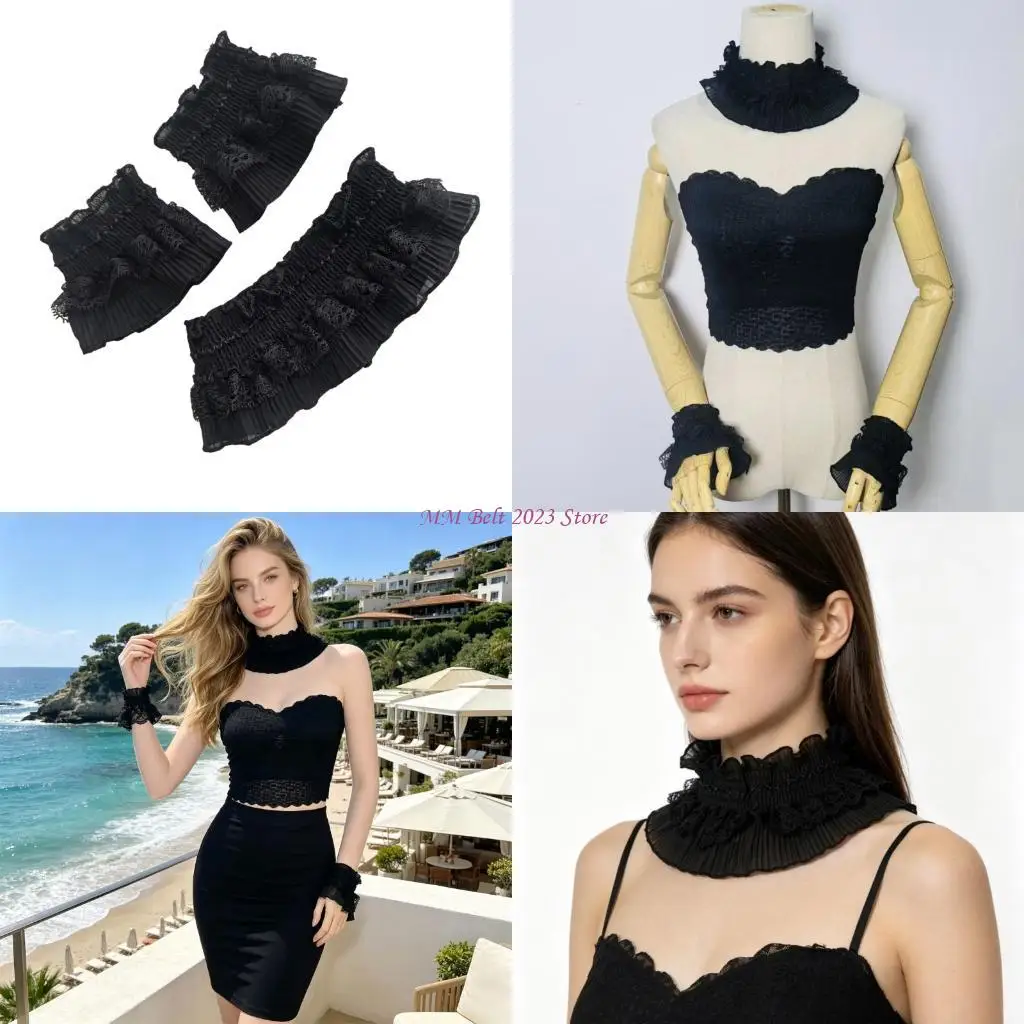 49ME Lace Wrist Cuffs Ruffled Collar Perfect For Cosplay, Stage Performances, And Costume Parties Halloween Photo Props