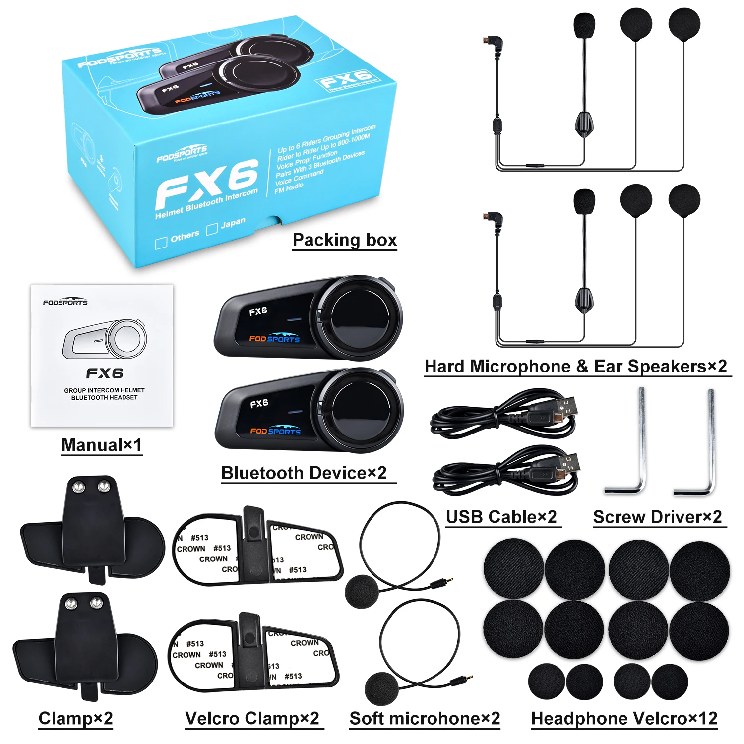 Fodsports 2 piezas FX6 Casco Intercomunicador Casco de motocicleta Auriculares Bluetooth 1000m Grupo BT 5.0 Interfono con radio FM, admite 6