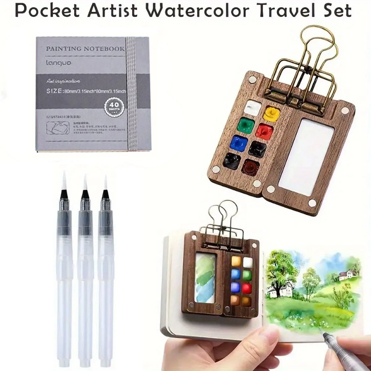 Small Travel Watercolor Palette Pocket Set, 8/15-Unit Portable Wooden Grid Box with 3 Mini Brushes, Ideal Home Art Supplies&gift